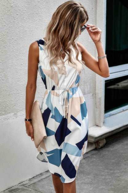 Floral Print V Neck Half Button Midi Elegant Dress