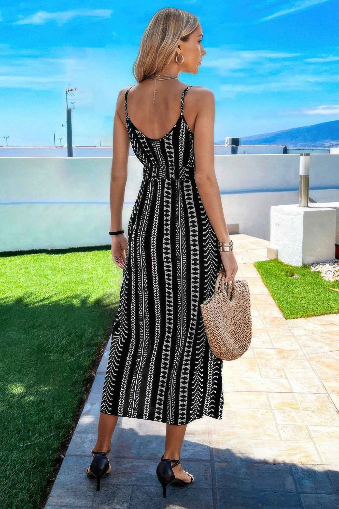 V Neck Geo Print Split Thigh Sleeveless Cami Dress