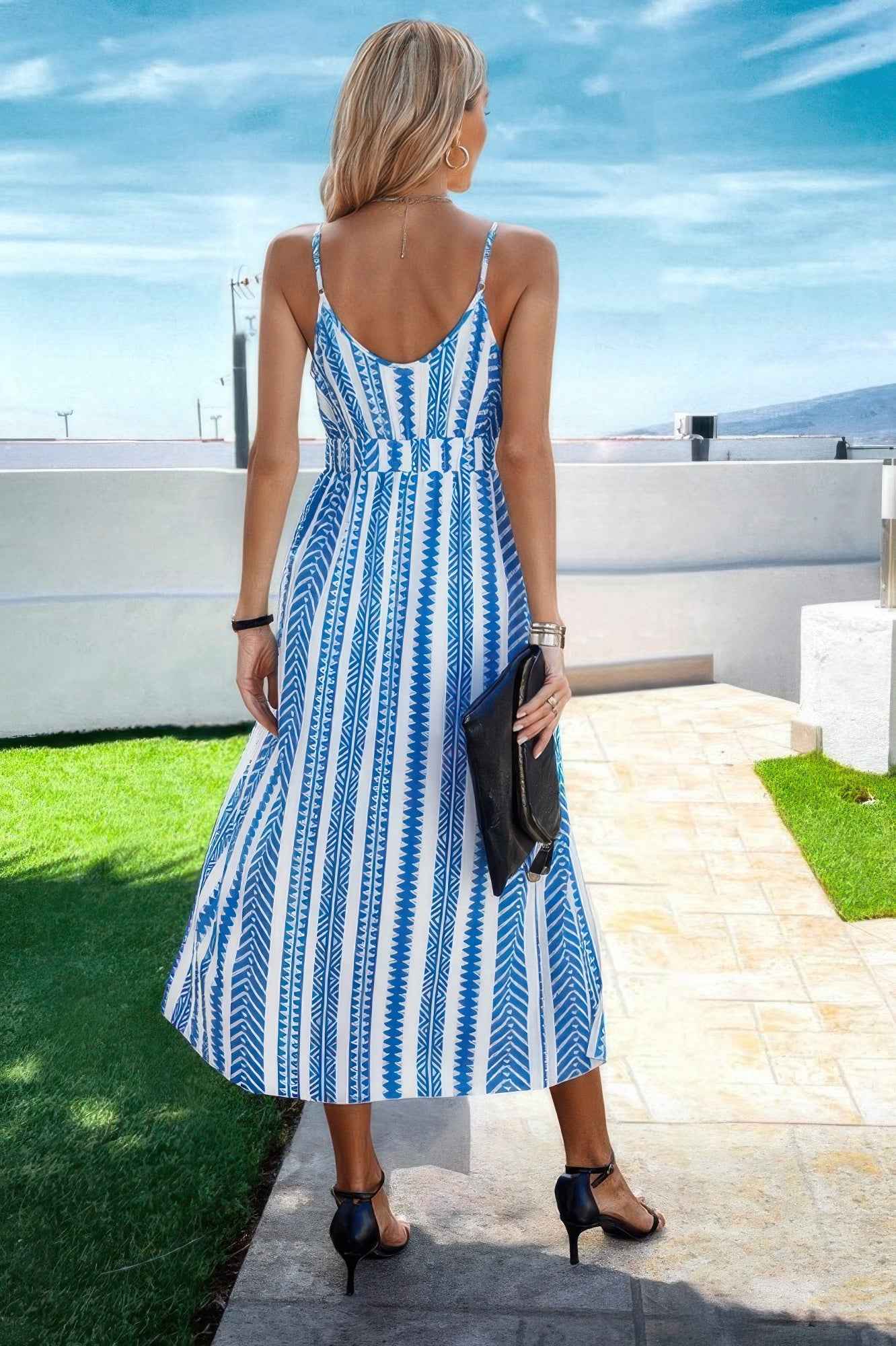 V Neck Geo Print Split Thigh Sleeveless Cami Dress