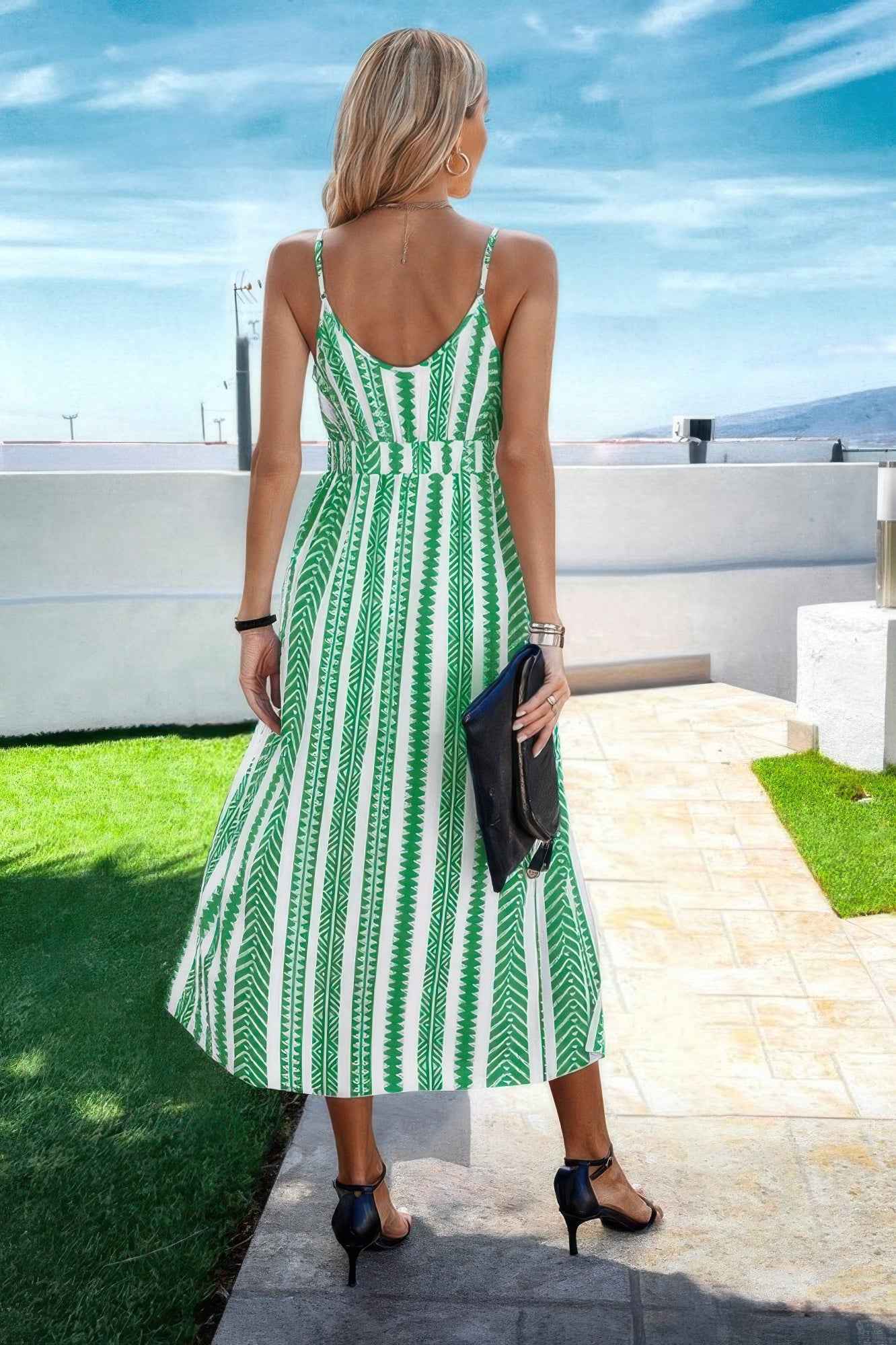 V Neck Geo Print Split Thigh Sleeveless Cami Dress