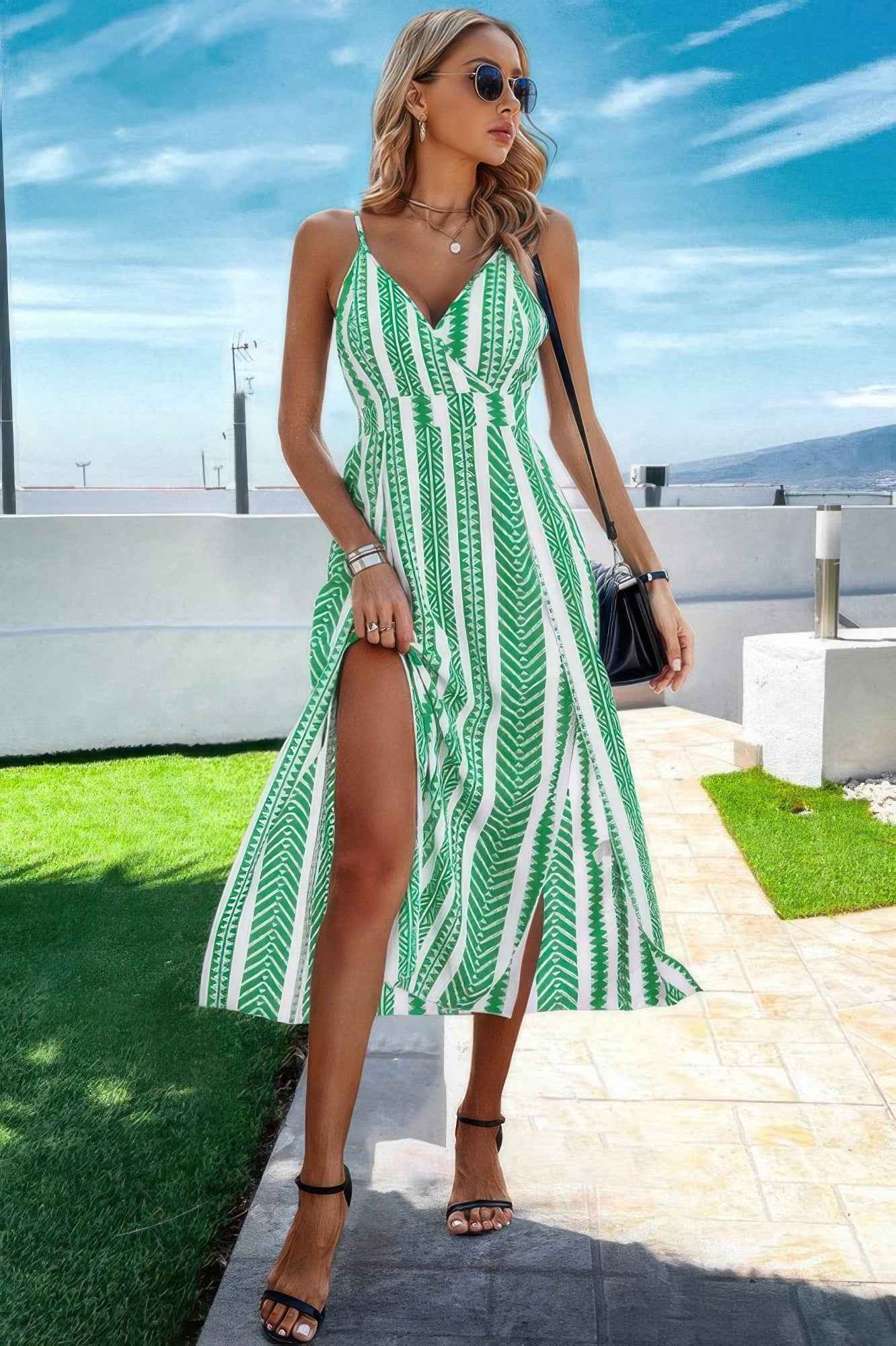 V Neck Geo Print Split Thigh Sleeveless Cami Dress