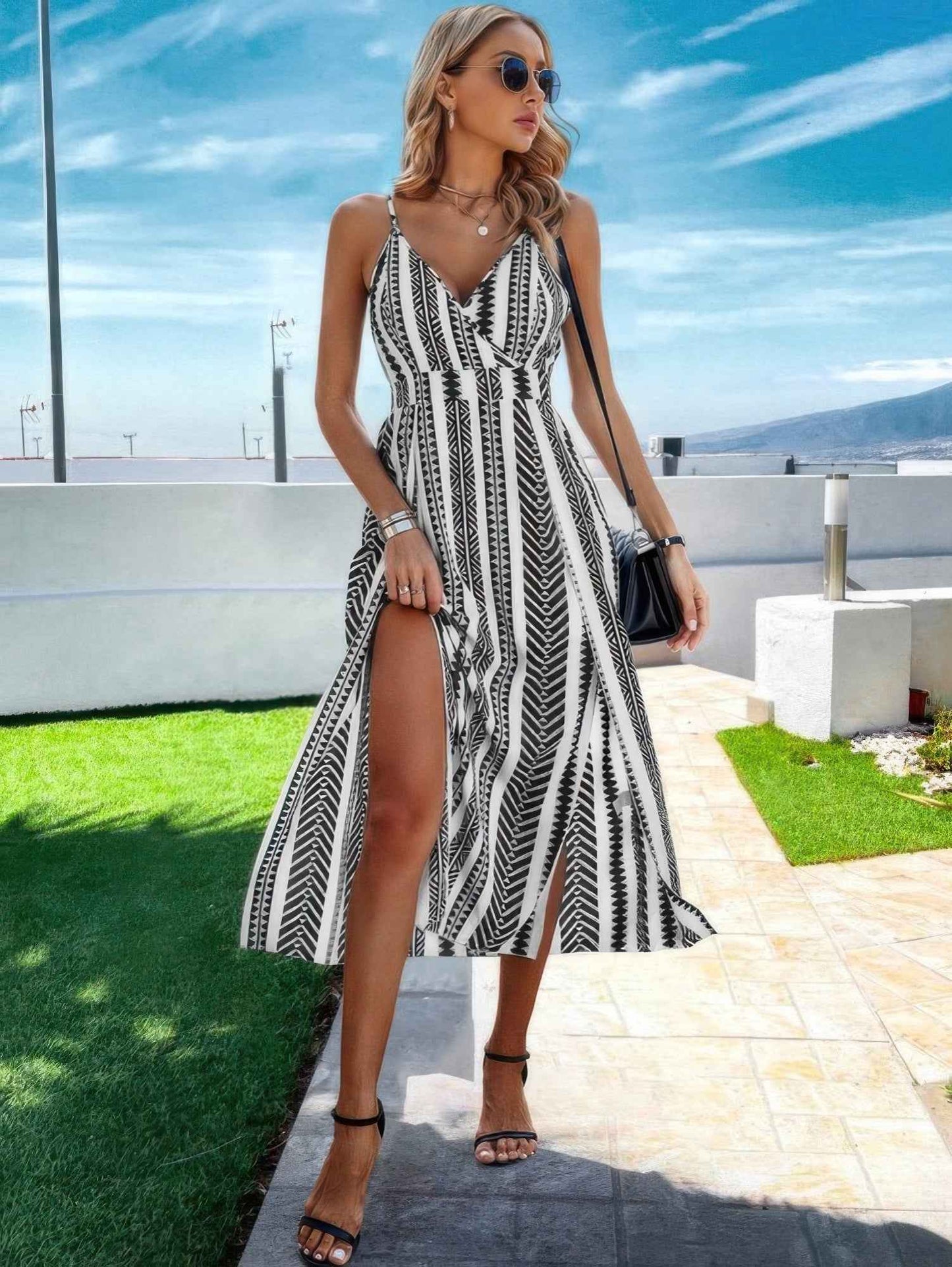 V Neck Geo Print Split Thigh Sleeveless Cami Dress