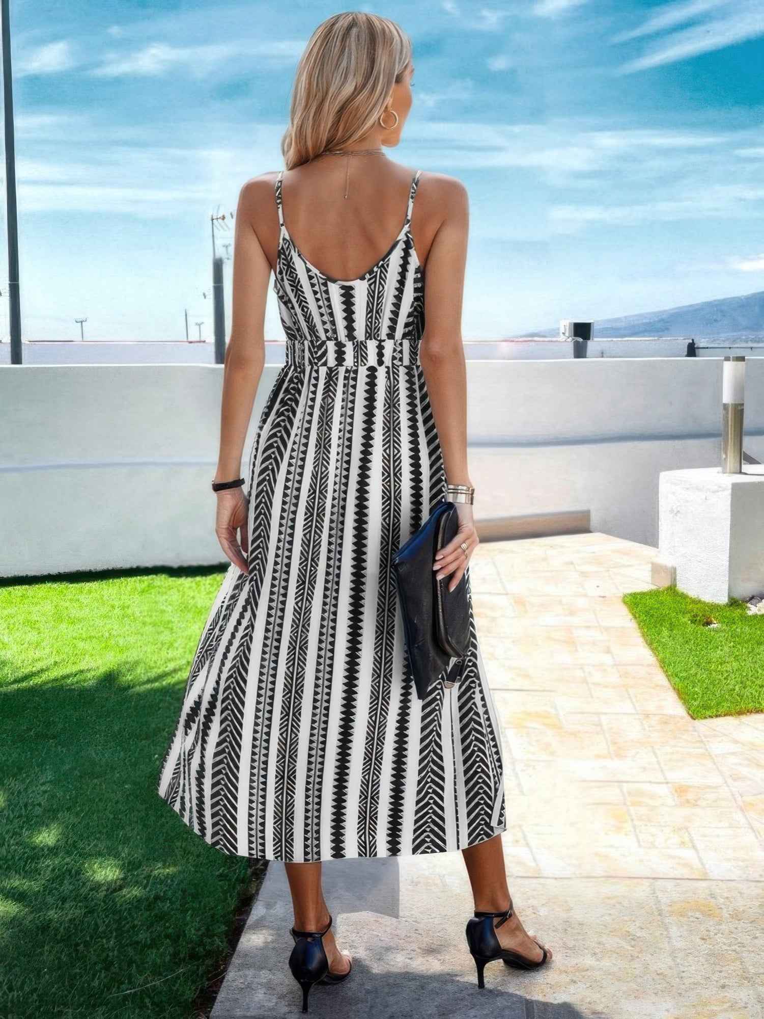 V Neck Geo Print Split Thigh Sleeveless Cami Dress