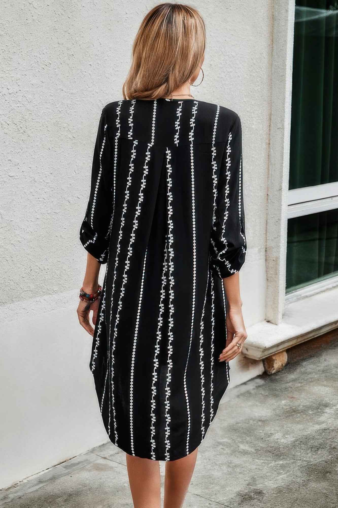 Striped Print Roll Tab Sleeve Tunic Loose Dress