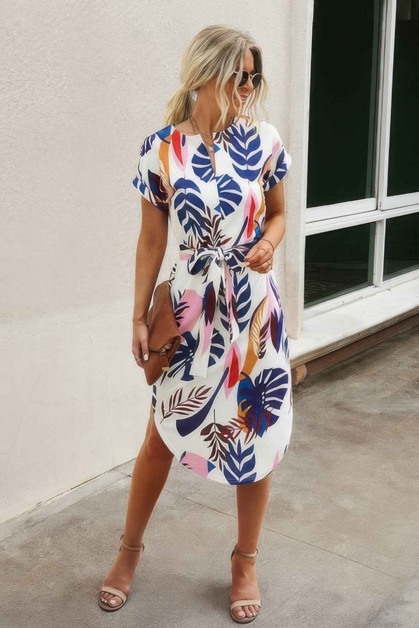 Notched Neck Floral Print Belted Fit Dress