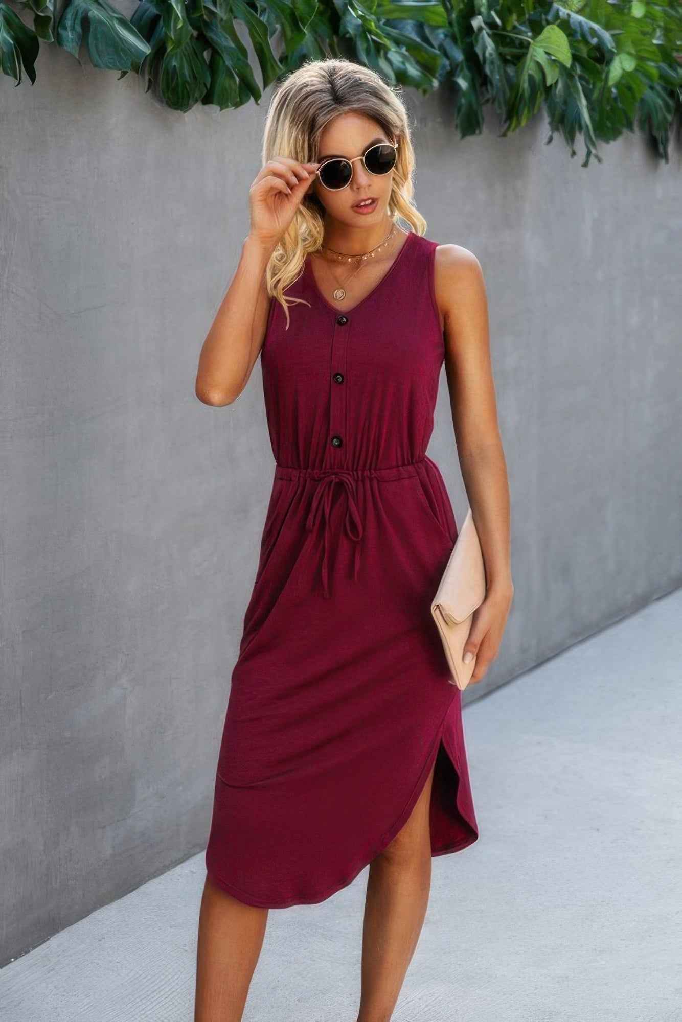 Solid V Neck Drawstring Waist Curved Hem Dress