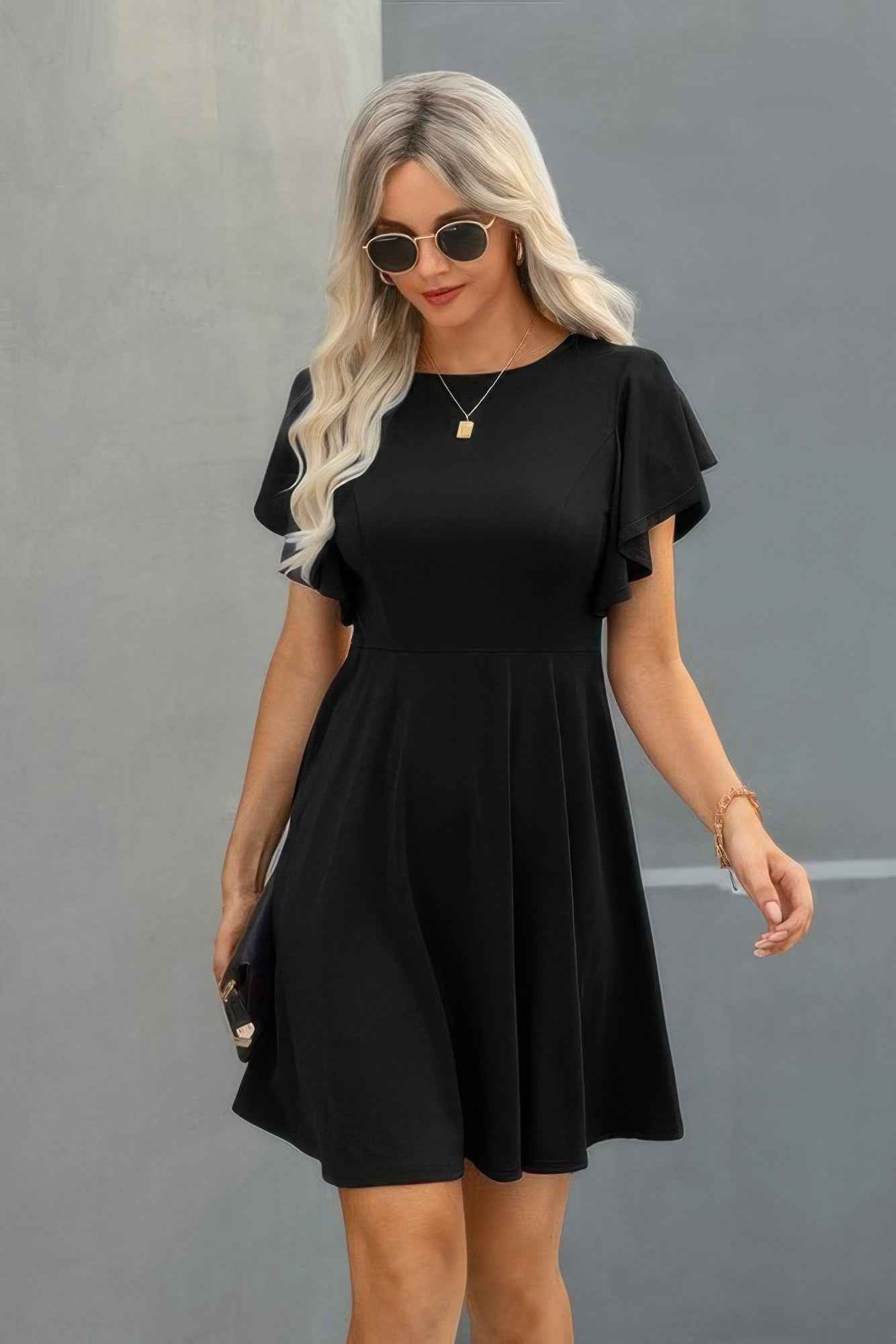 Elegant Solid Crew Neck Butterfly Sleeve Slim Dress