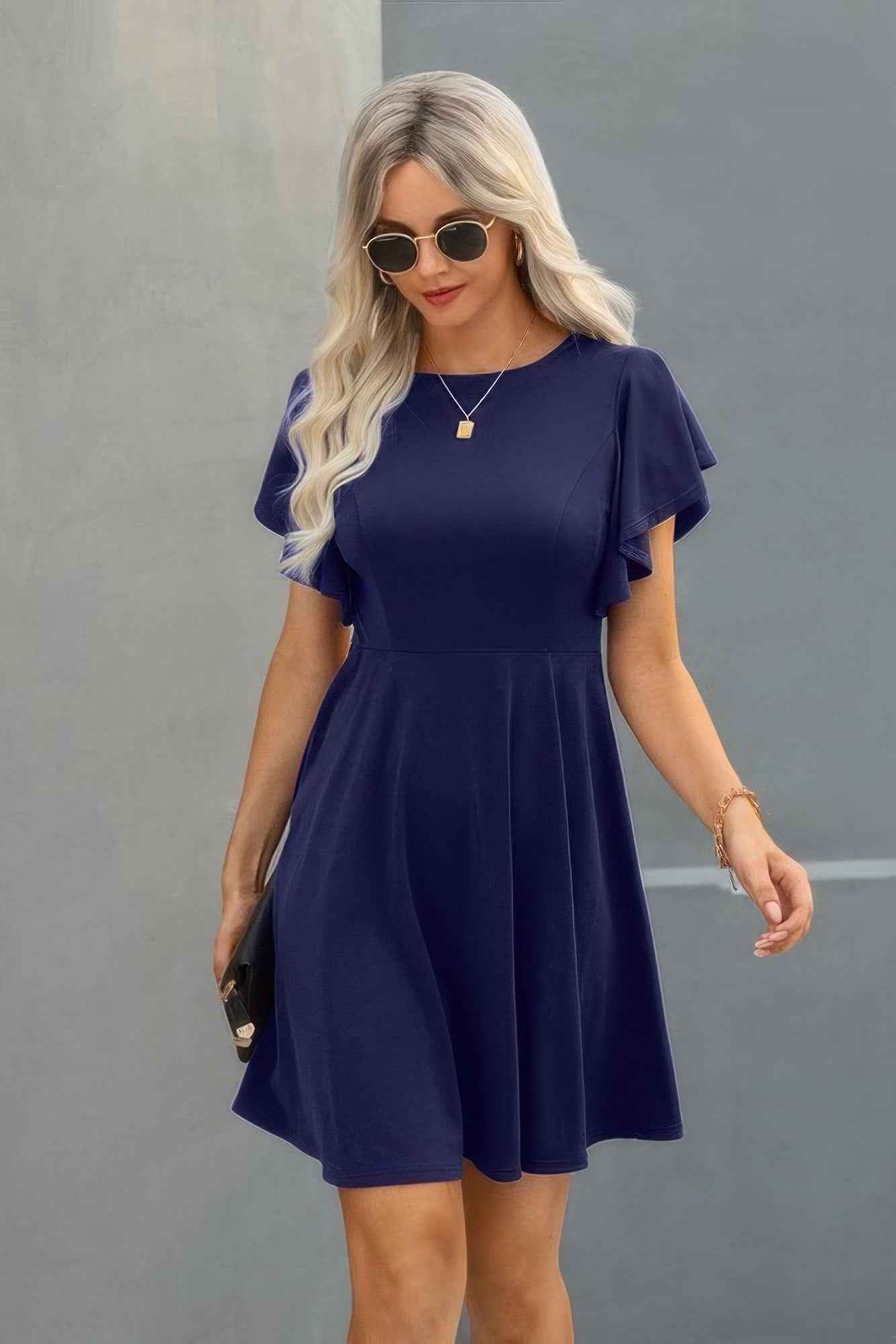 Elegant Solid Crew Neck Butterfly Sleeve Slim Dress