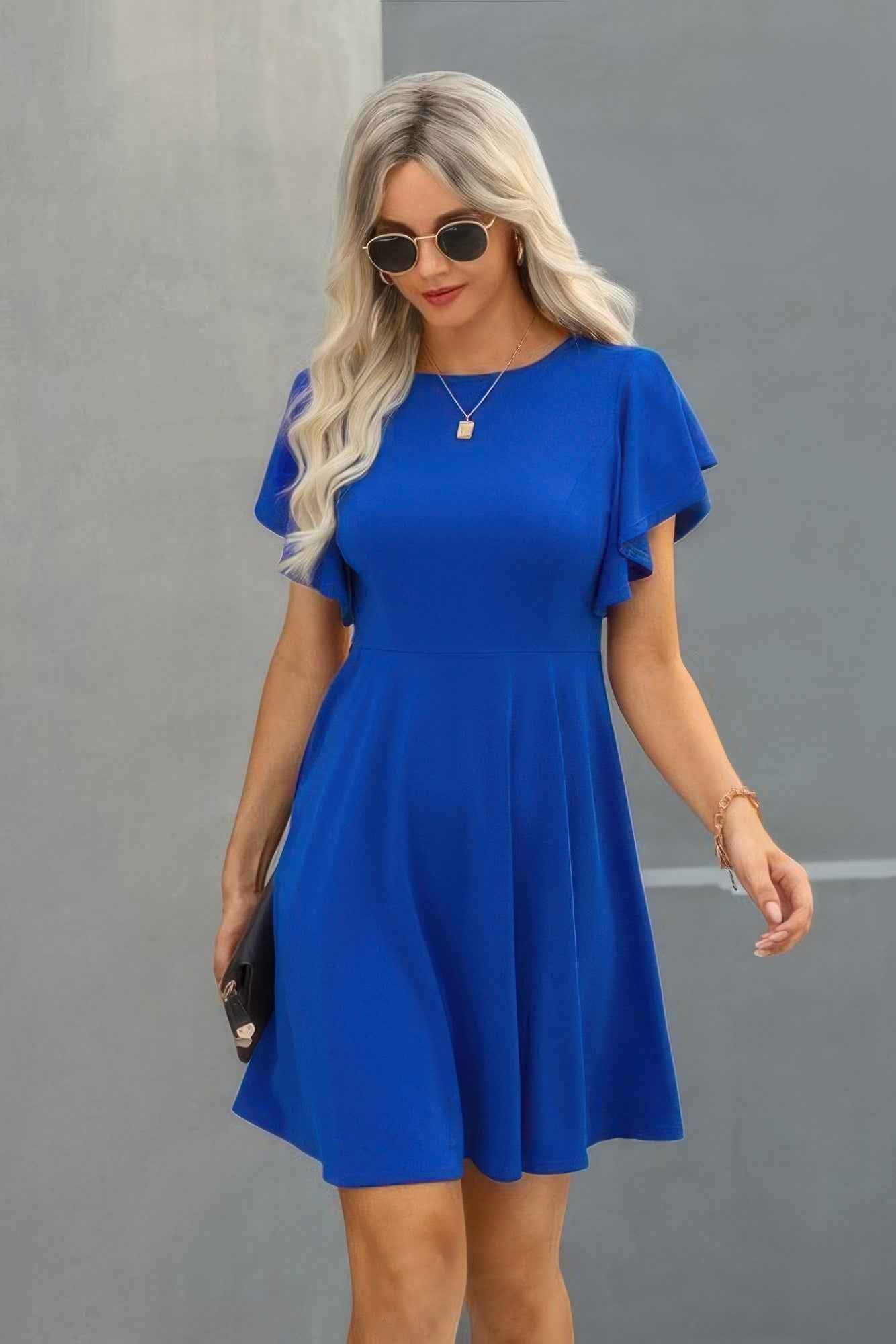 Elegant Solid Crew Neck Butterfly Sleeve Slim Dress