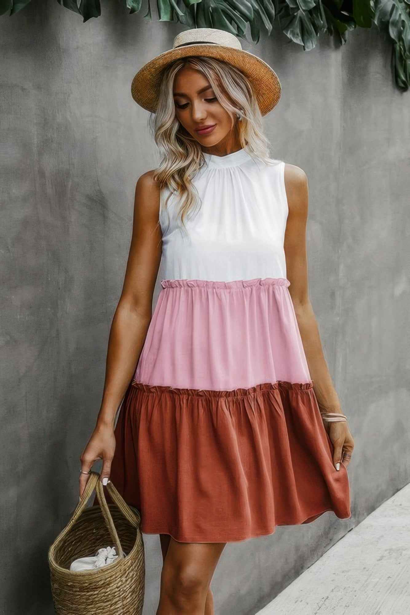 Colorblock Cut Out Back Ruffle Hem Tiered Dress