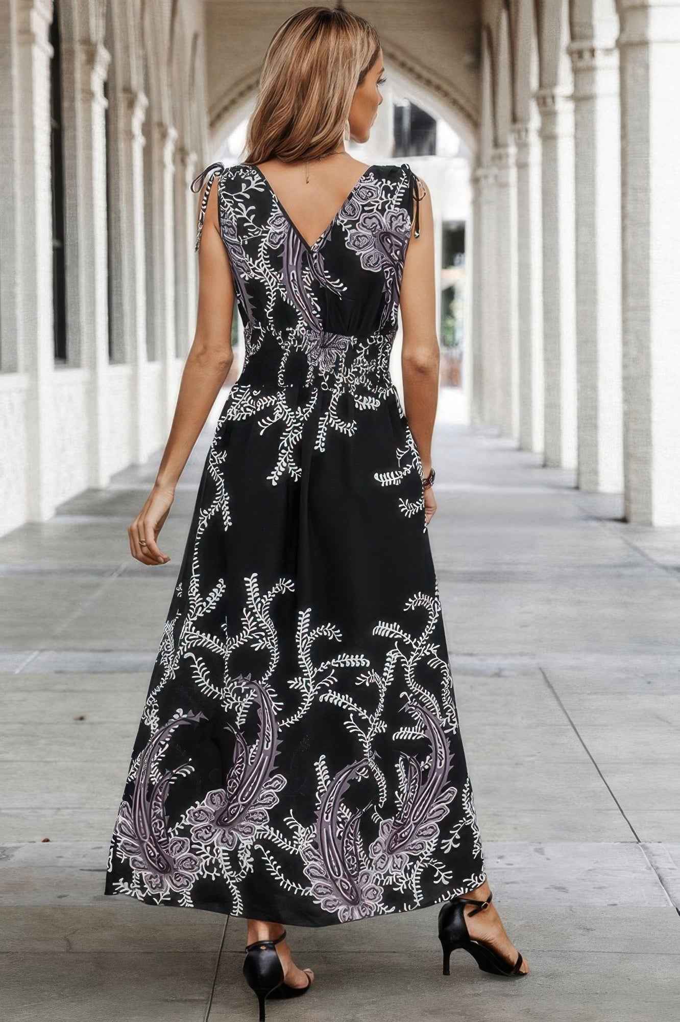 Cross V Neck Floral Print Sleeveless Fit Dress