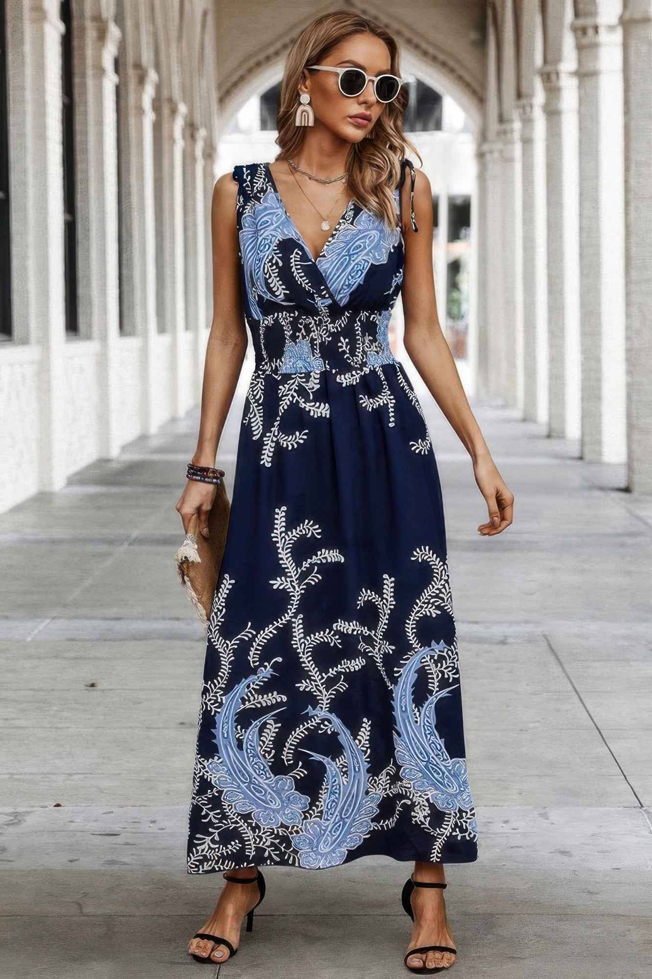 Cross V Neck Floral Print Sleeveless Fit Dress