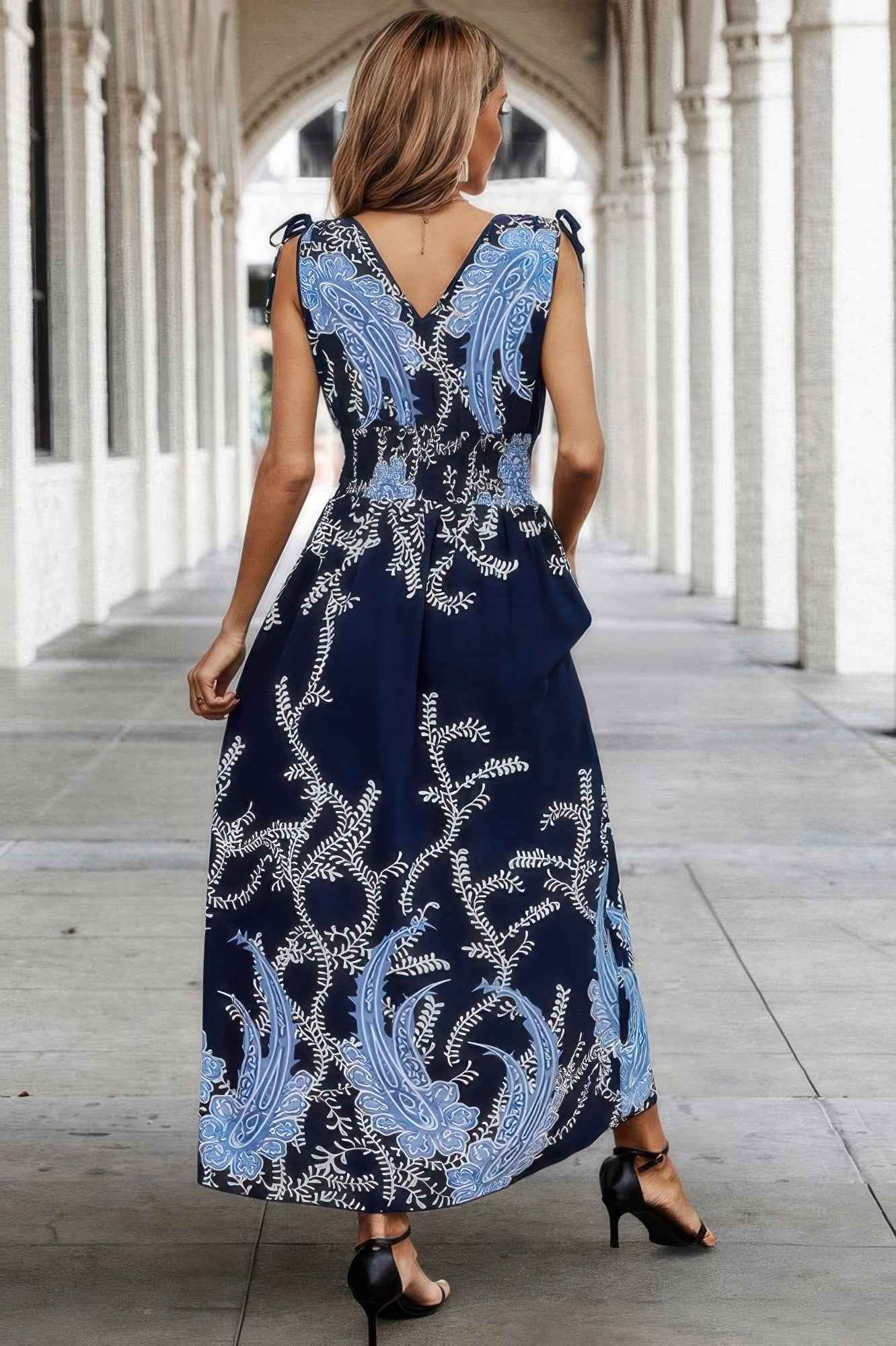 Cross V Neck Floral Print Sleeveless Fit Dress