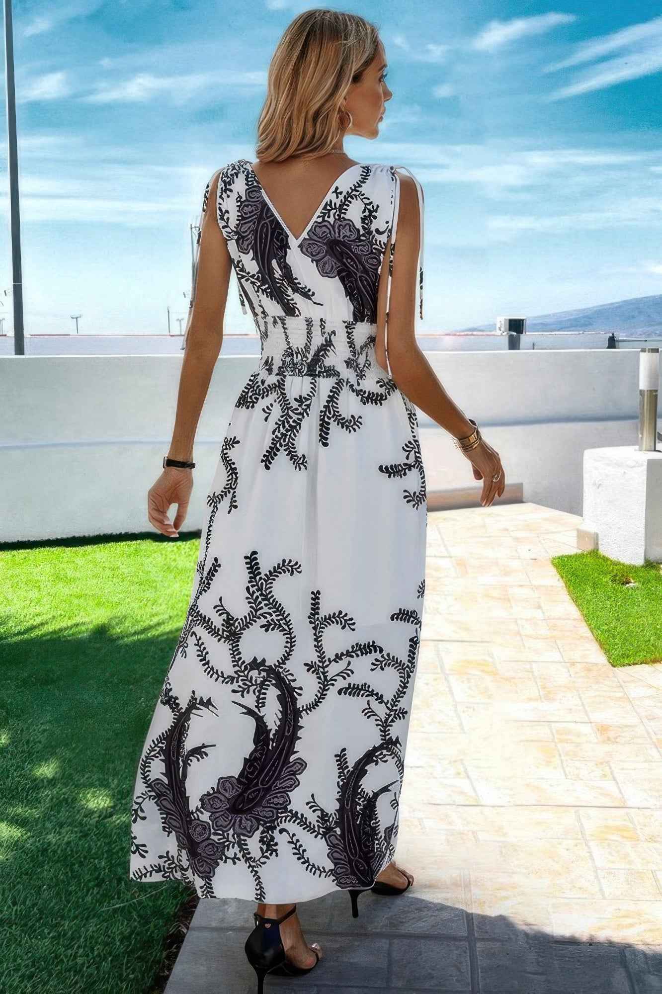 Cross V Neck Floral Print Sleeveless Fit Dress