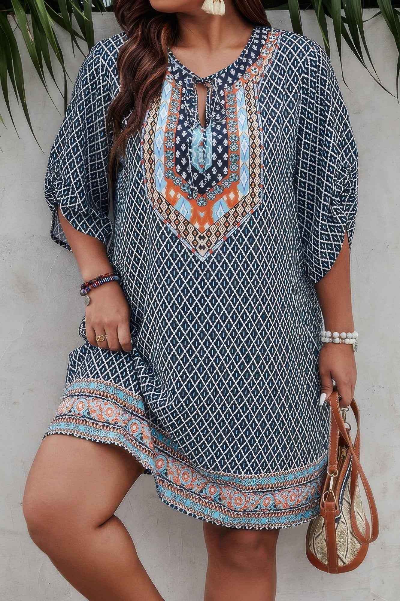 Plus Size V Neck Printed Loose Fit Midi Dress