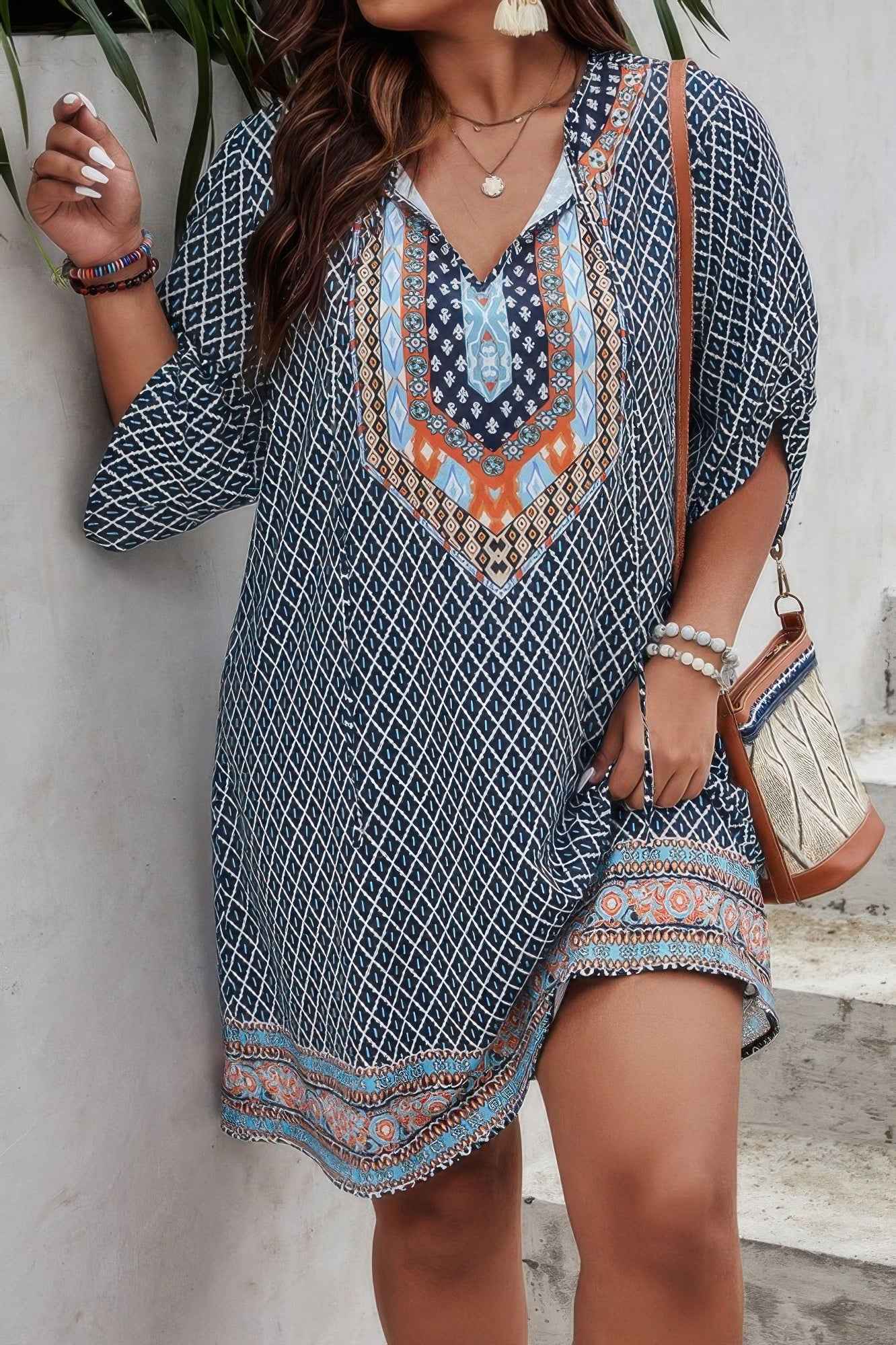 Plus Size V Neck Printed Loose Fit Midi Dress