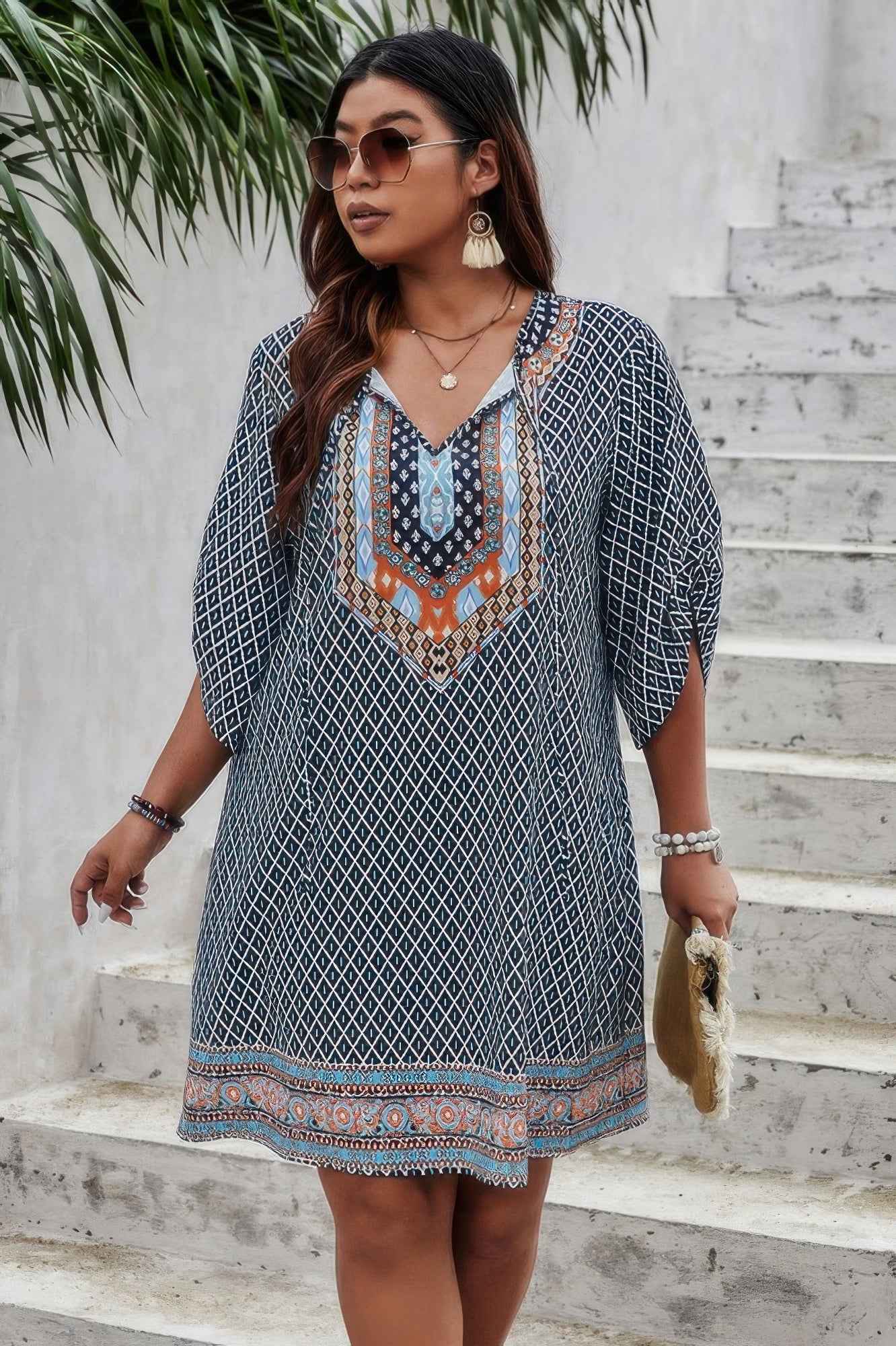 Plus Size V Neck Printed Loose Fit Midi Dress