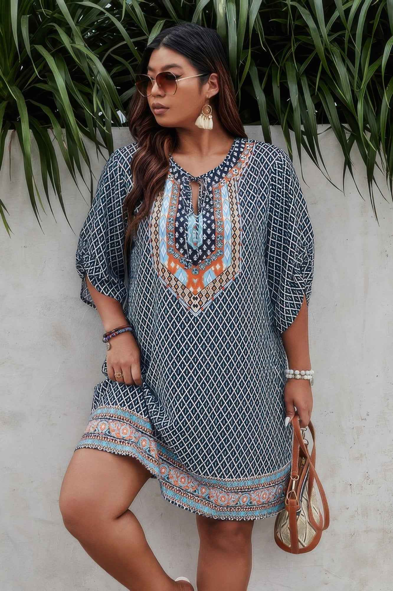 Plus Size V Neck Printed Loose Fit Midi Dress