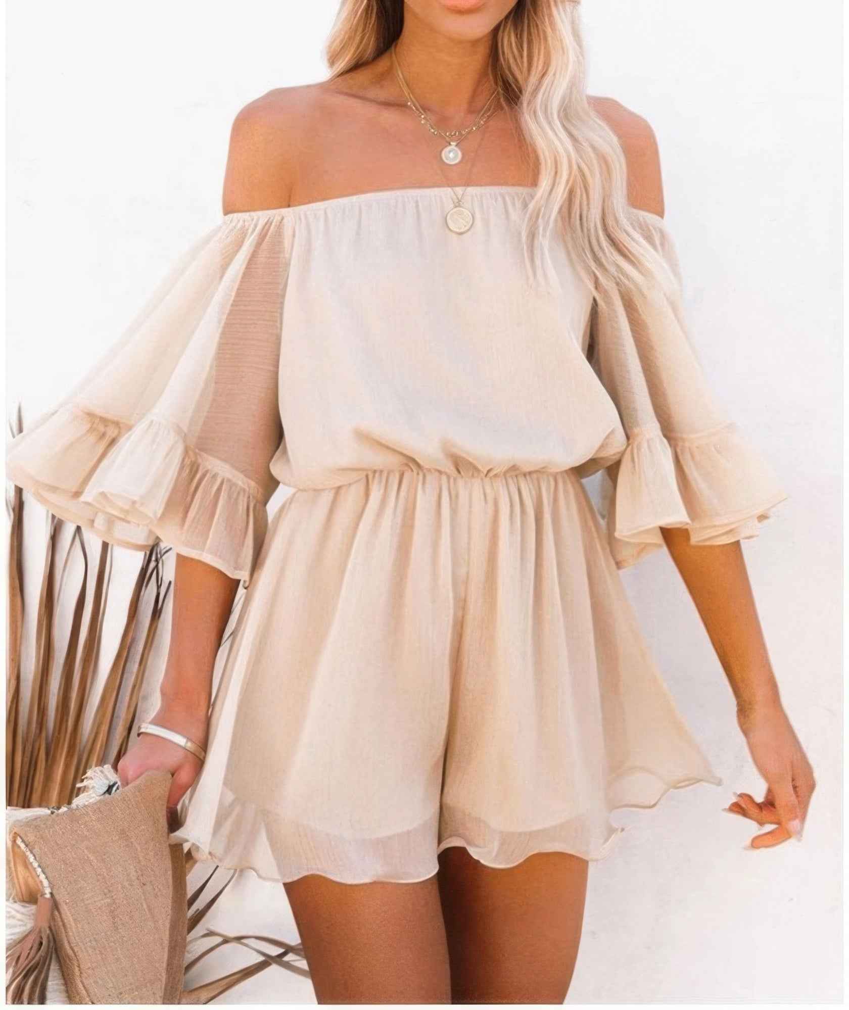 Off Shoulder Flounce Bell Sleeve Romper