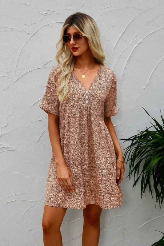 Button V Neck Short Sleeve Tunic Short Dress