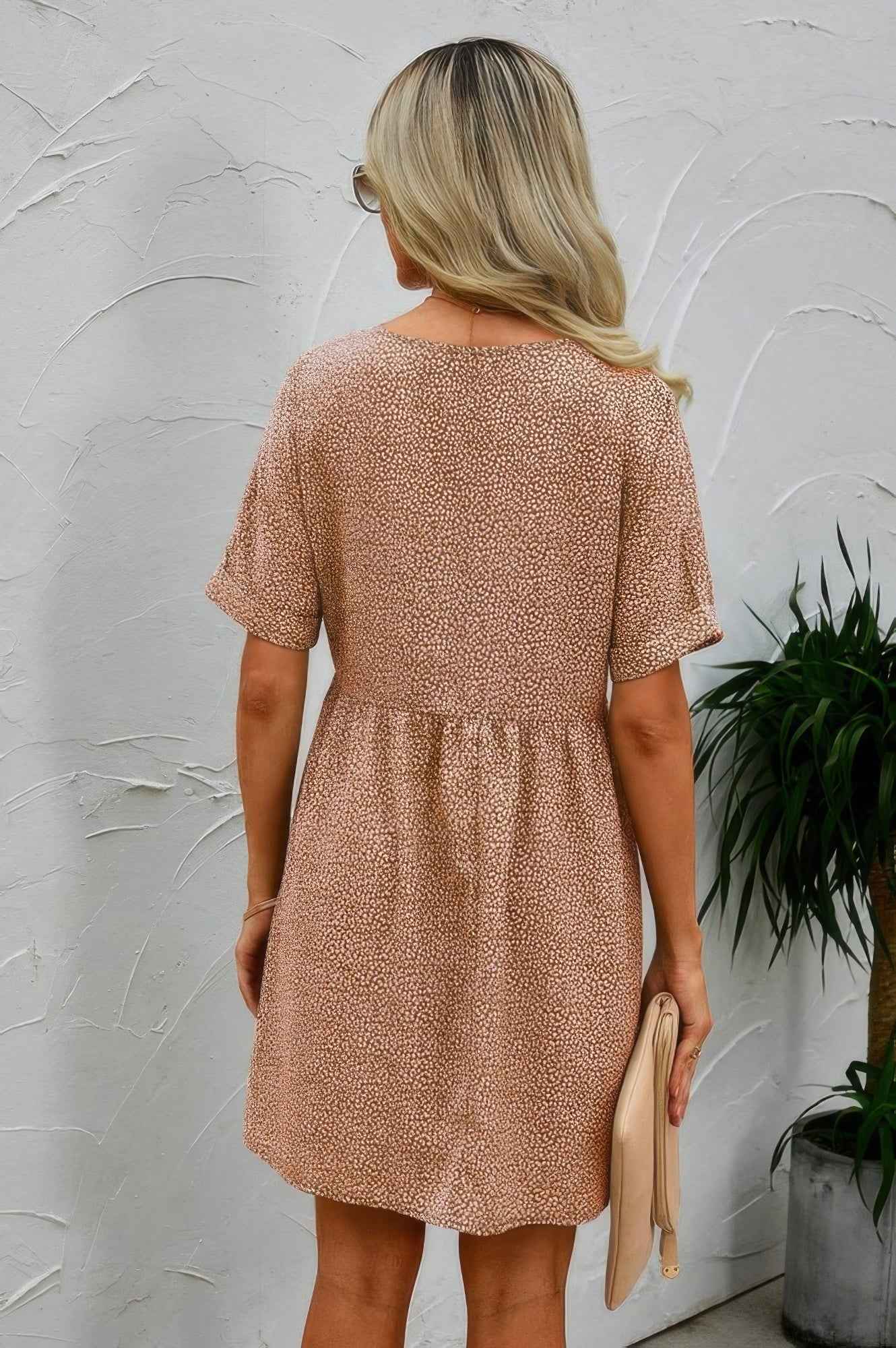 Button V Neck Short Sleeve Tunic Short Dress