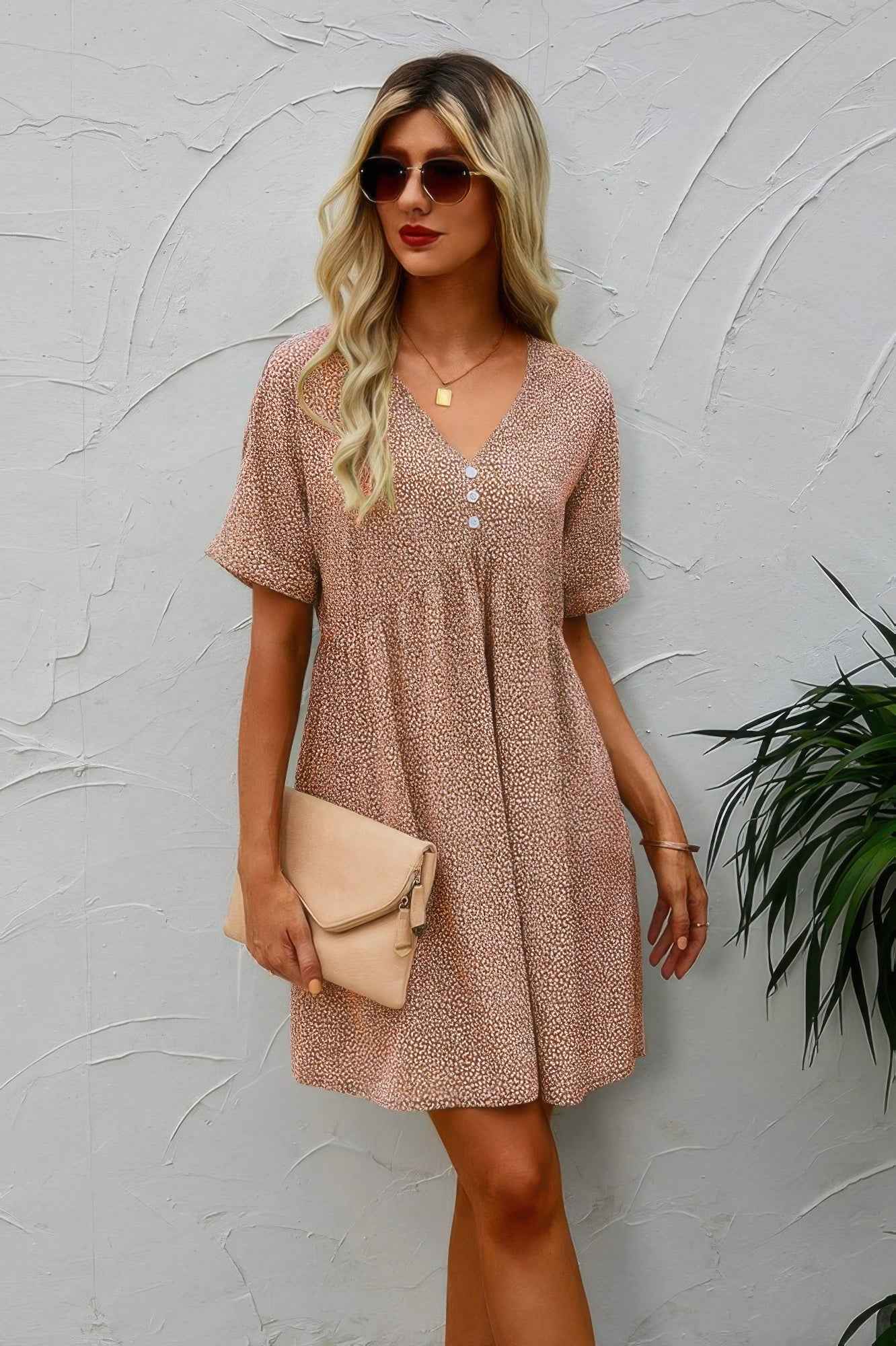 Button V Neck Short Sleeve Tunic Short Dress