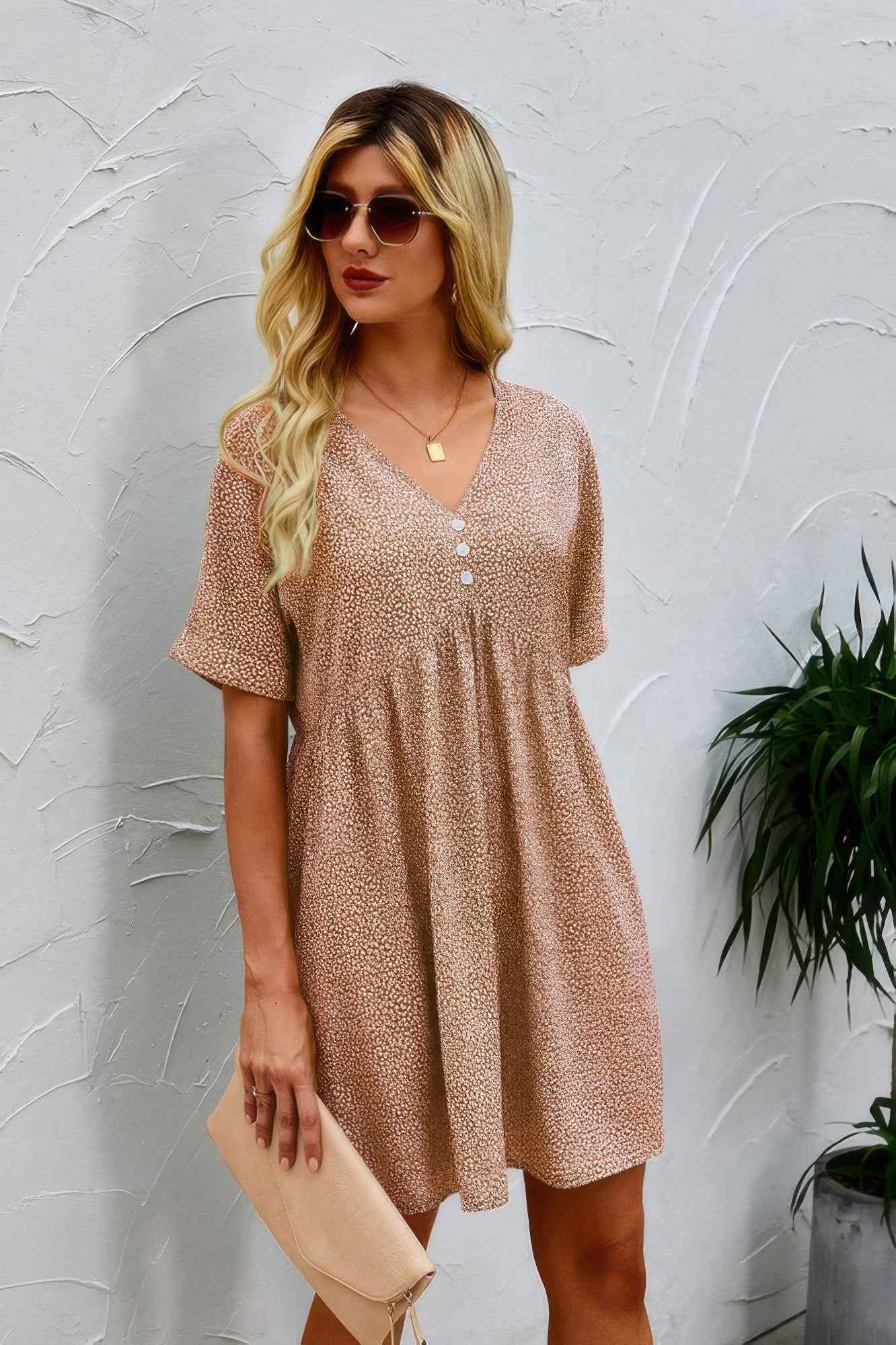 Button V Neck Short Sleeve Tunic Short Dress