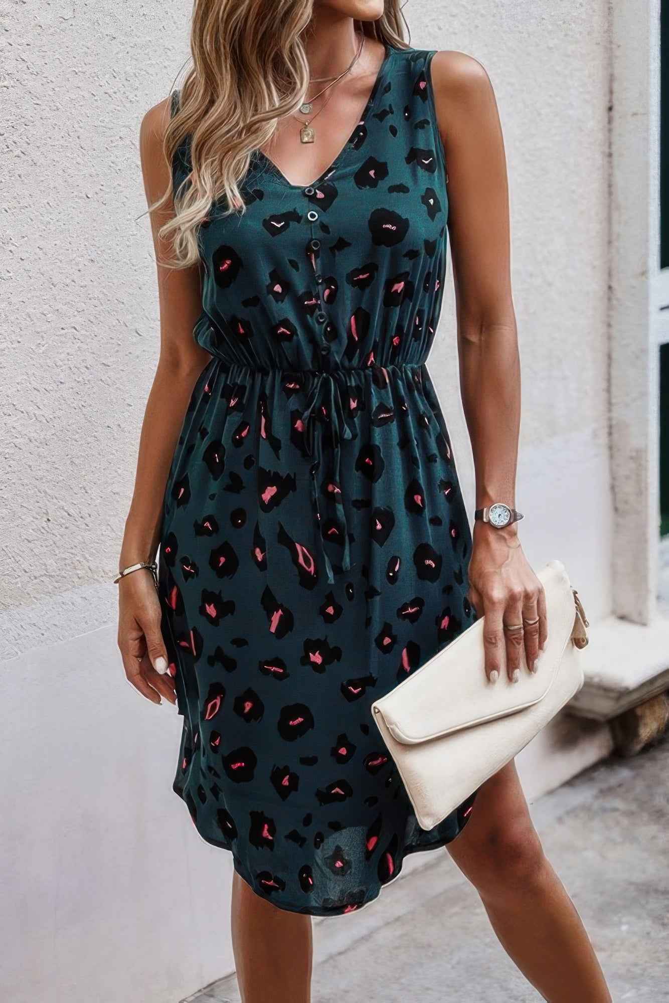 Leopard V Neck Sleeveless Button Fit Midi Dress