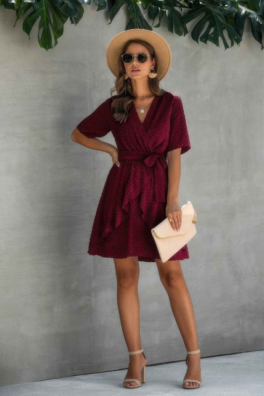 V Neck Ruffled Hem Wrap Dress