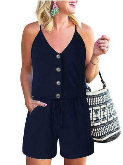 Button Sleeveless Spaghetti Strap Cami Romper