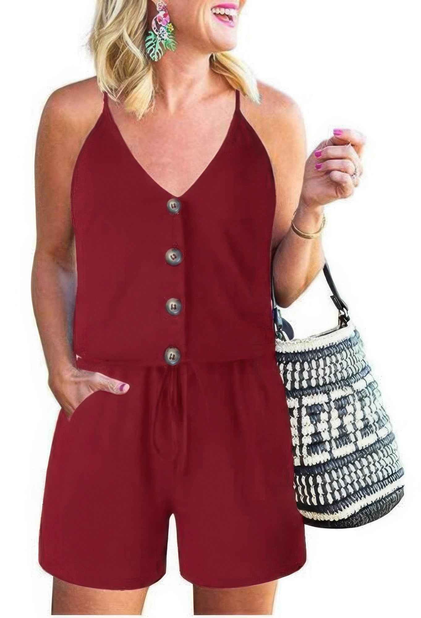 Button Sleeveless Spaghetti Strap Cami Romper