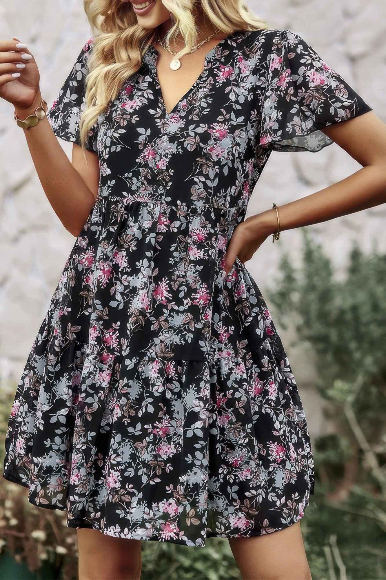 V Neck Bohemian Floral Print A Line Fit Dress
