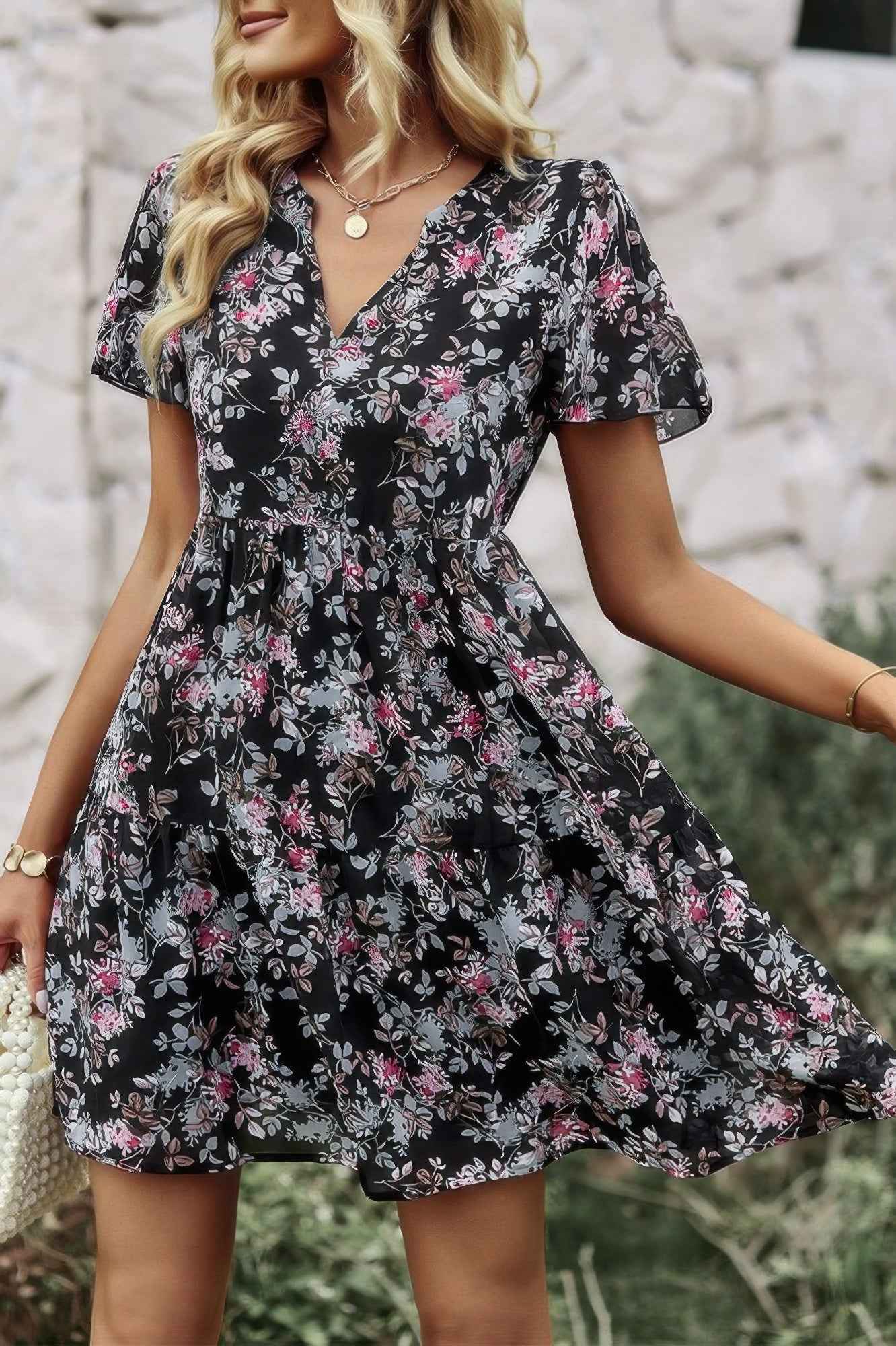 V Neck Bohemian Floral Print A Line Fit Dress