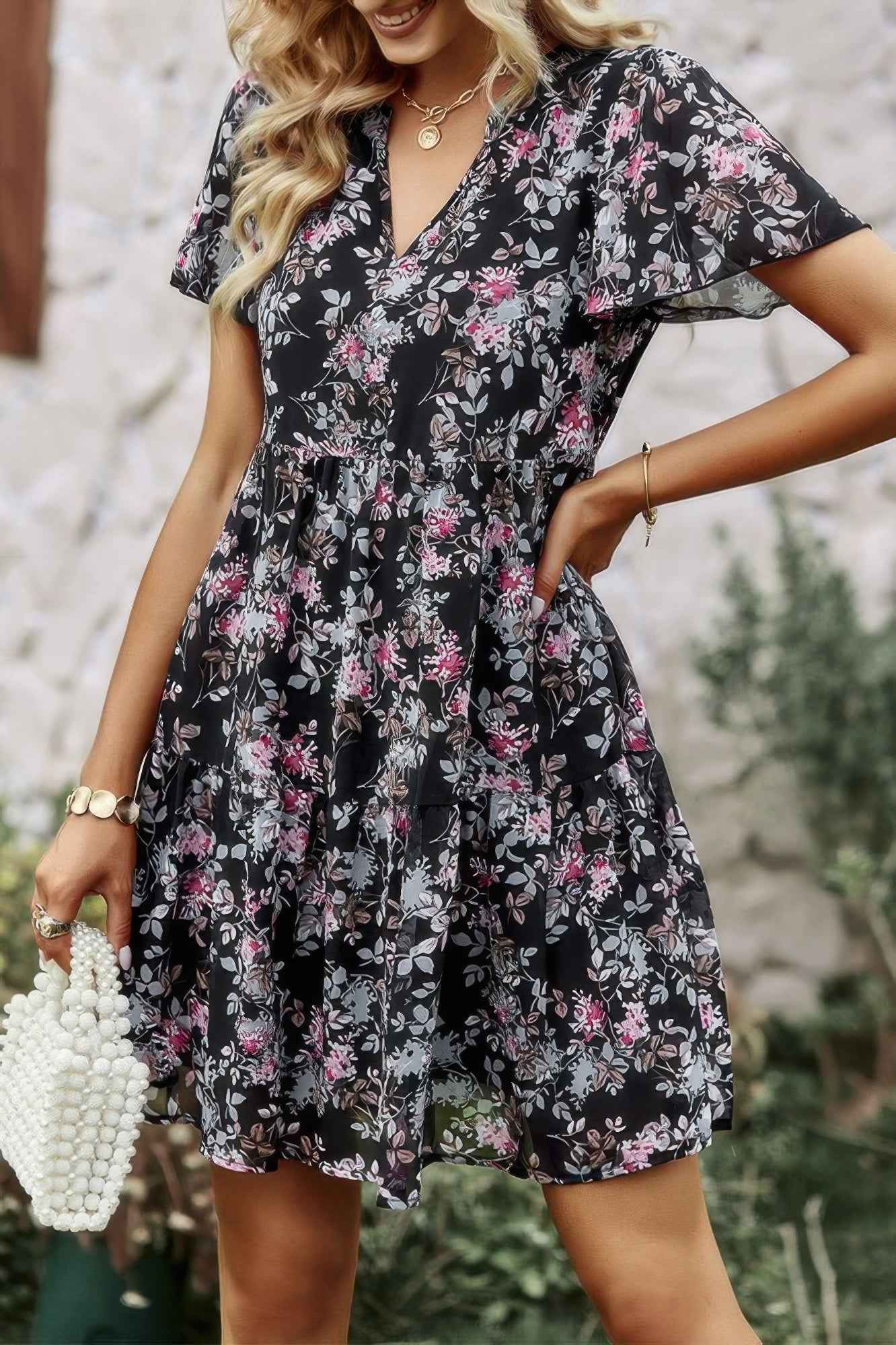 V Neck Bohemian Floral Print A Line Fit Dress