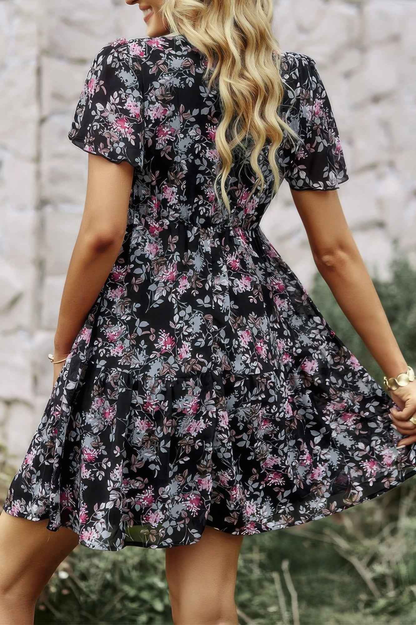 V Neck Bohemian Floral Print A Line Fit Dress