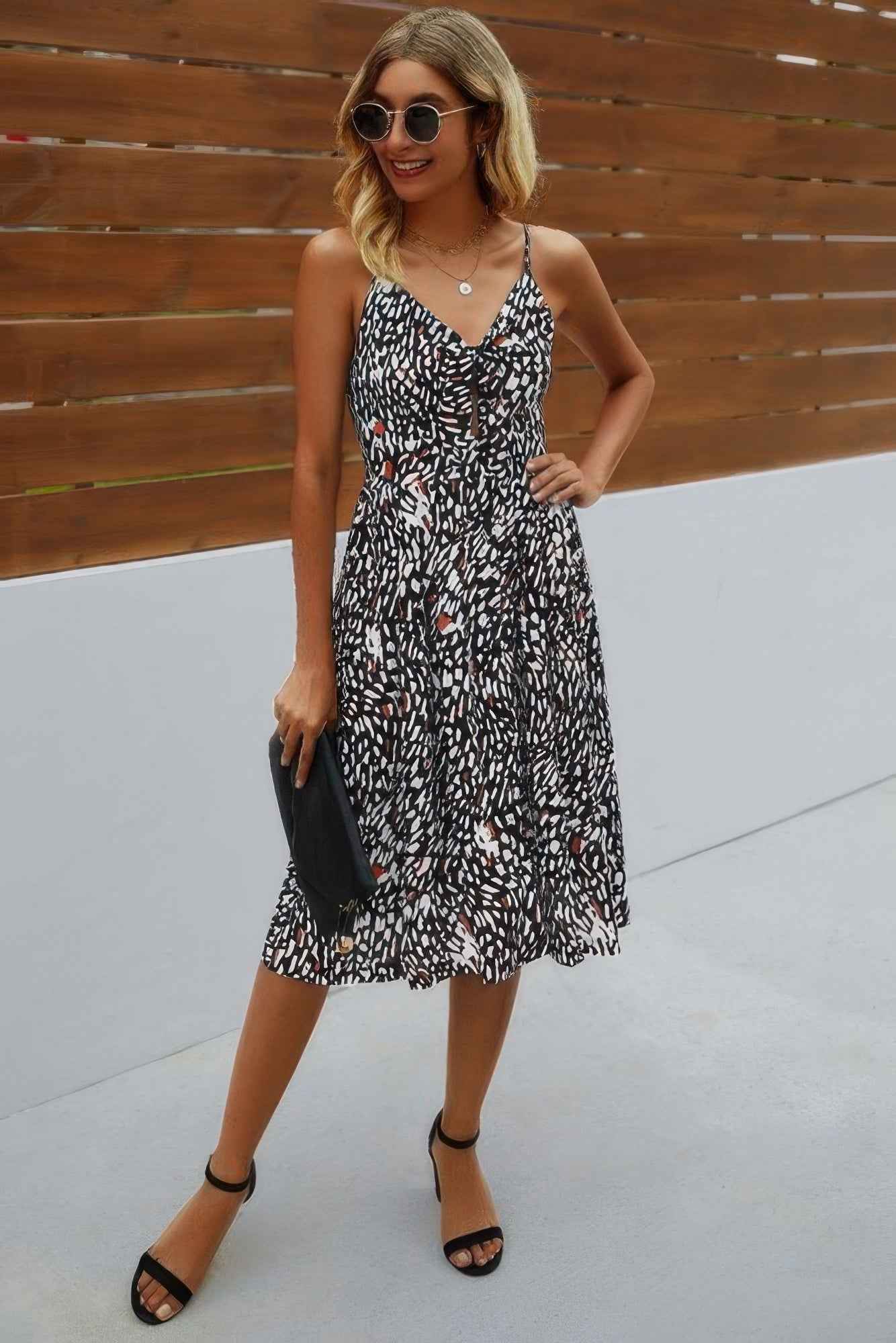 V Neck Spaghetti Strap Leopard Cut Out Midi Dress