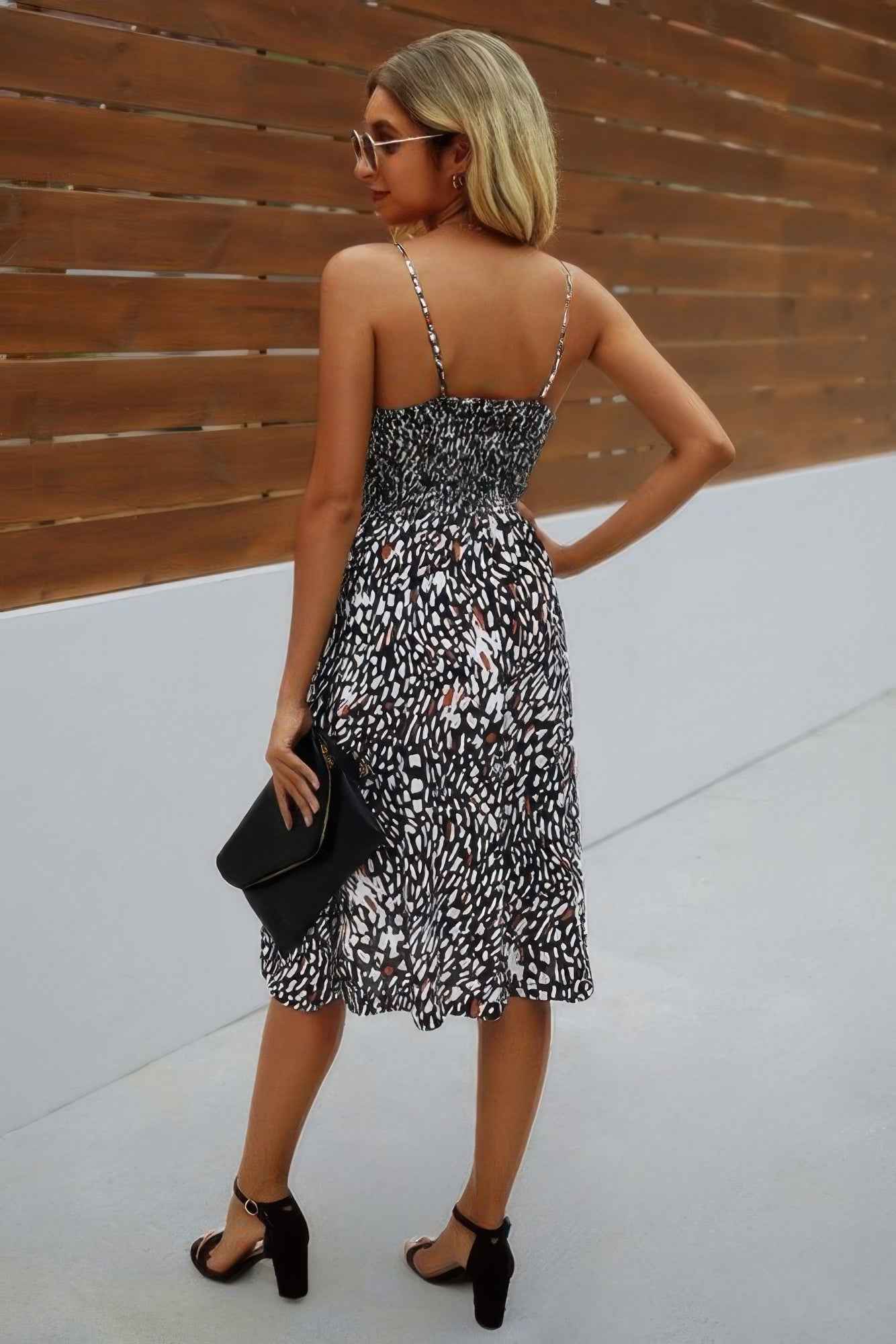 V Neck Spaghetti Strap Leopard Cut Out Midi Dress