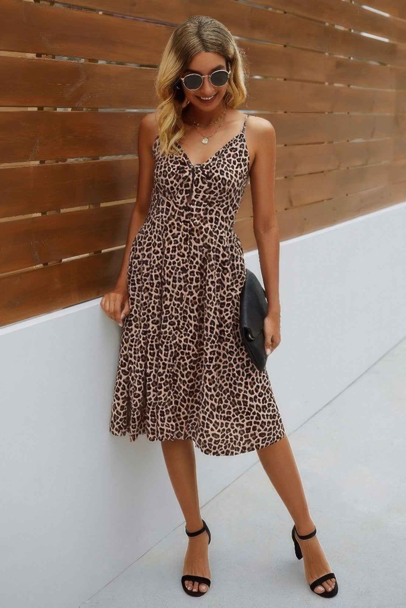 V Neck Spaghetti Strap Leopard Cut Out Midi Dress