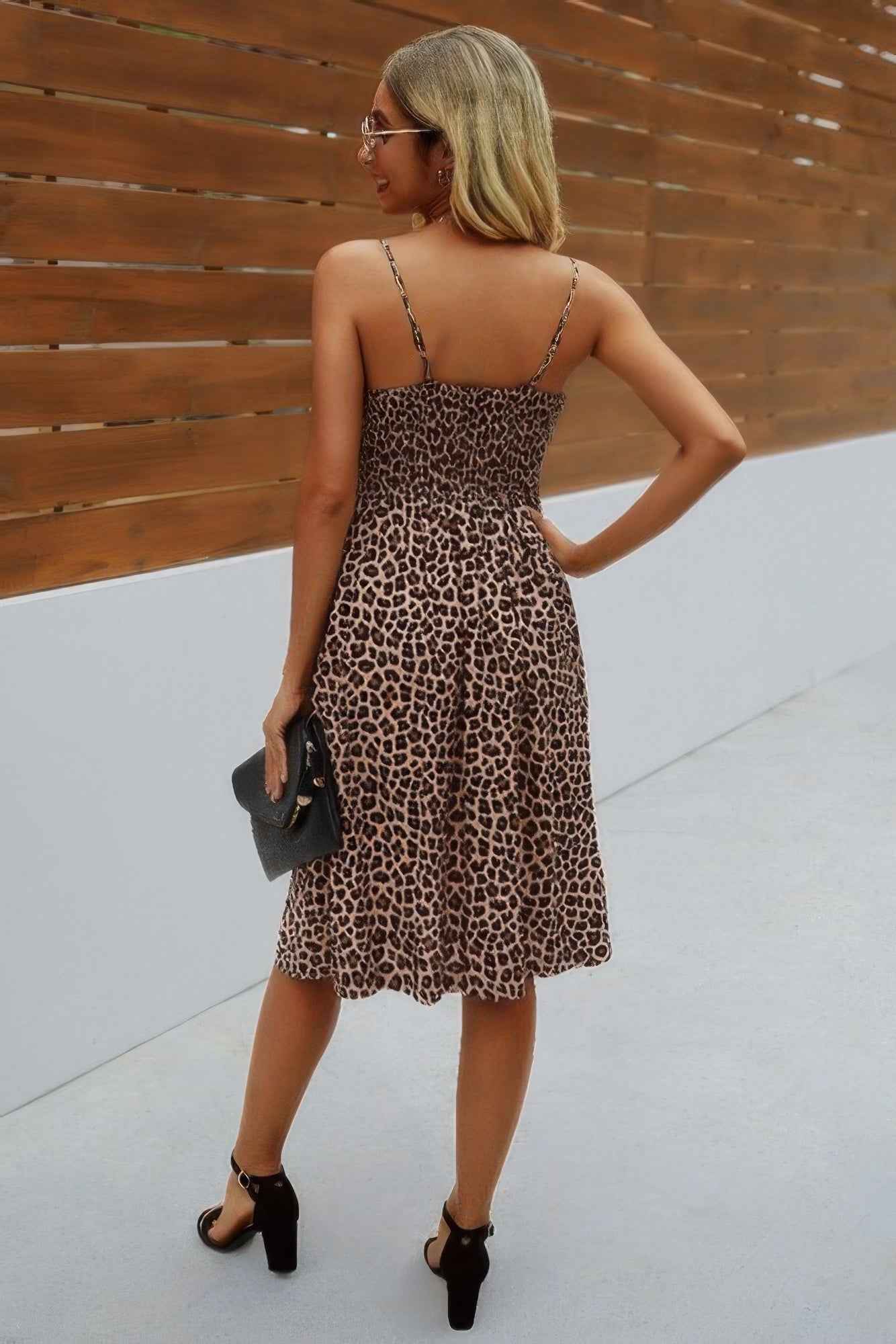V Neck Spaghetti Strap Leopard Cut Out Midi Dress
