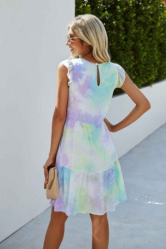 Crew Neck Tie Dye Ruffle Short Dress
