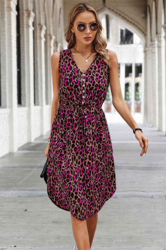 Sleeveless Leopard Print Tie Front Curved Hem Dress