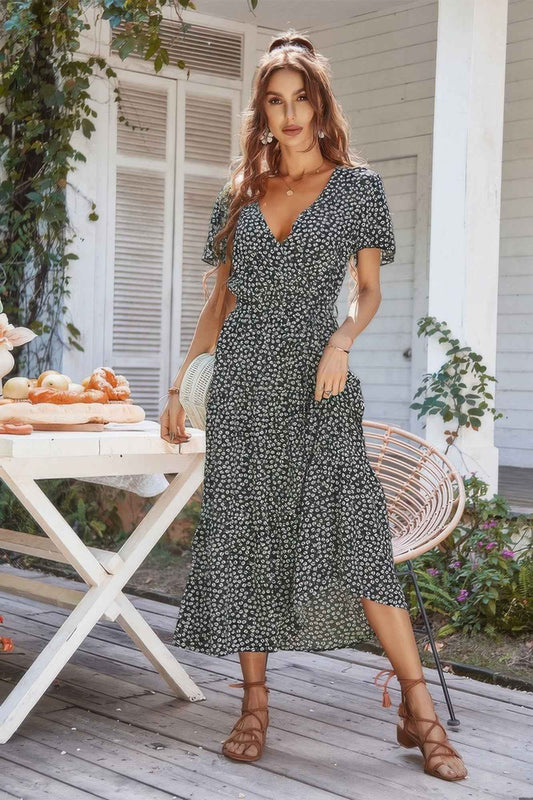 Floral Ruffle Hem Slit Short Sleeve Full Dress