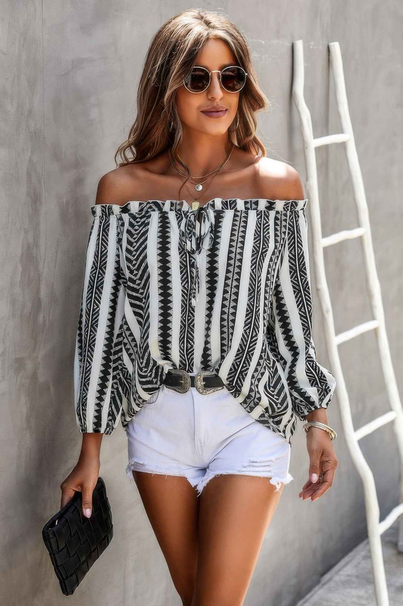 Printed Off Shoulder Frilled Tie Lantern Sleeve Shirt