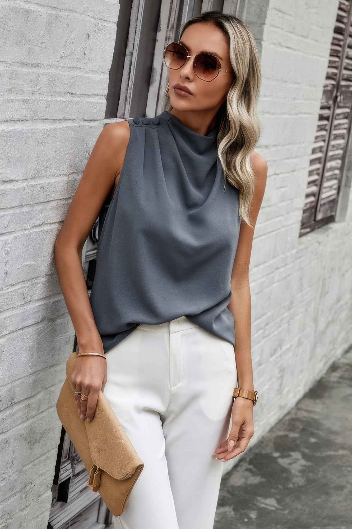 Button Trim Layered Collar Sleeveless Blouse
