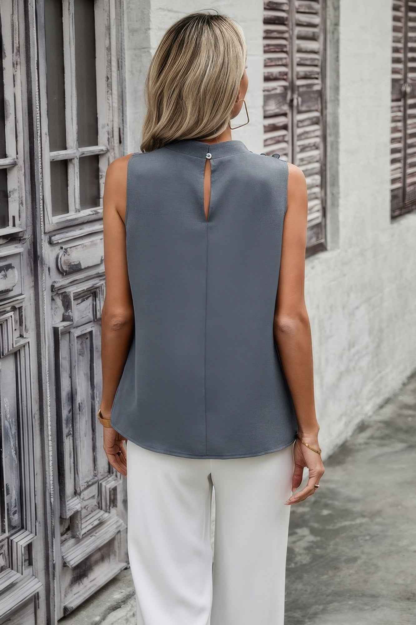 Button Trim Layered Collar Sleeveless Blouse