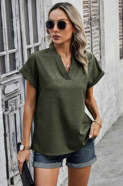 V Neck Solid Short Bat Sleeve Loose Fit Blouse