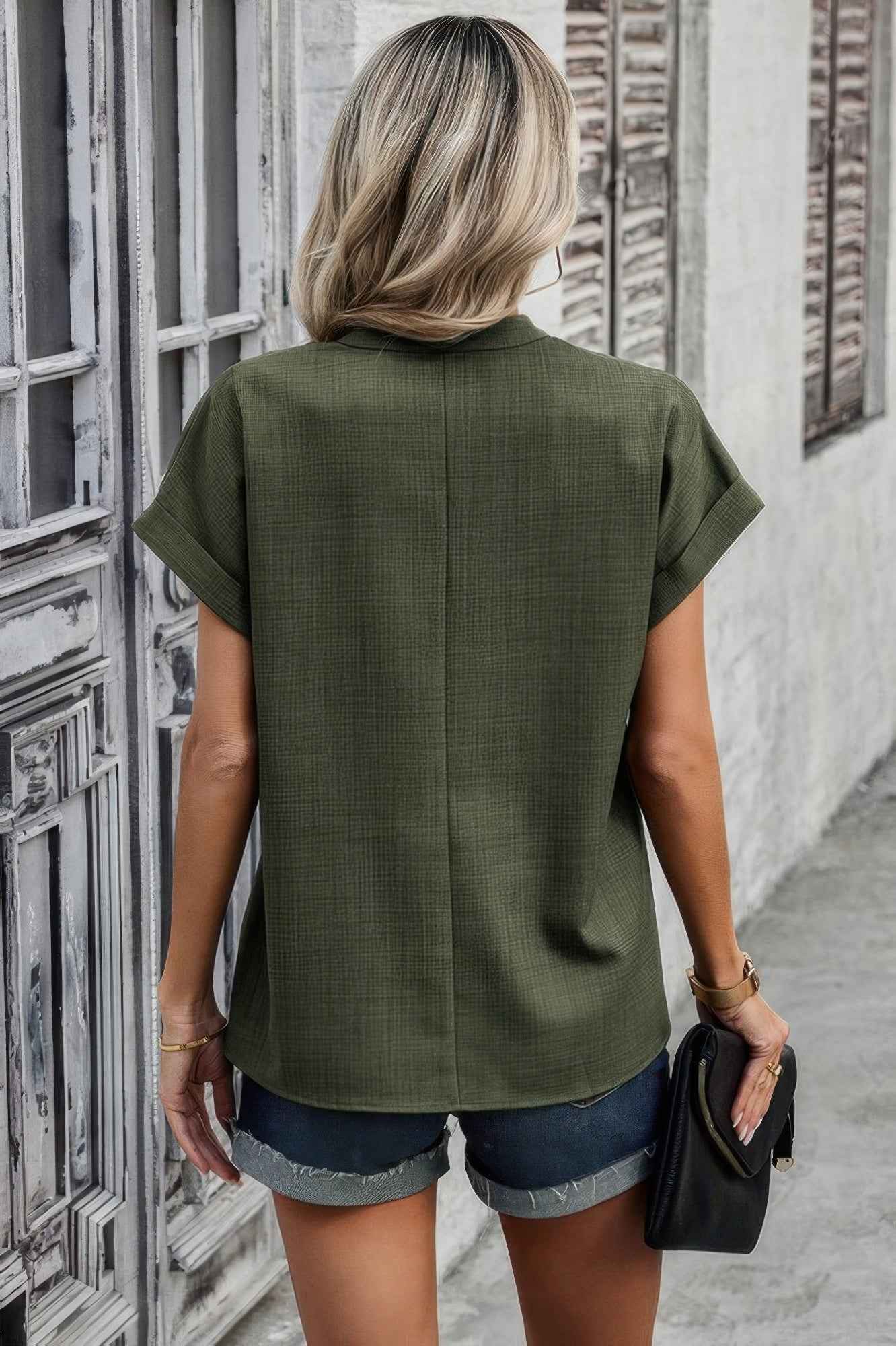 V Neck Solid Short Bat Sleeve Loose Fit Blouse