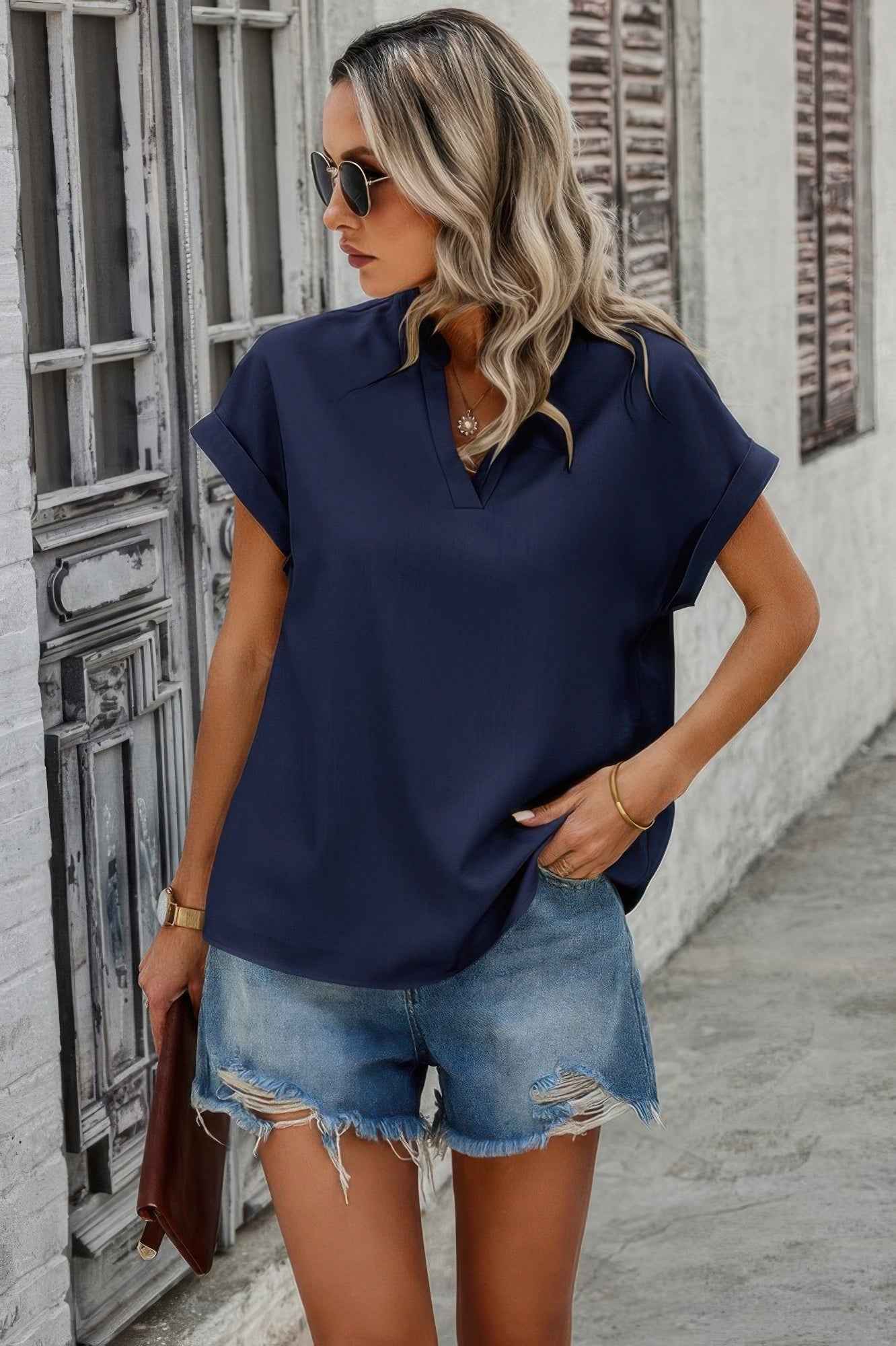 V Neck Solid Short Bat Sleeve Loose Fit Blouse