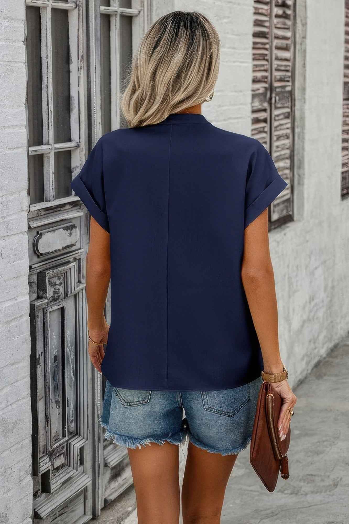 V Neck Solid Short Bat Sleeve Loose Fit Blouse