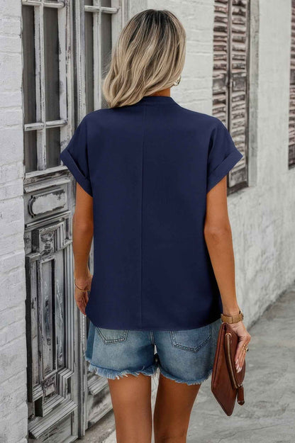 V Neck Solid Short Bat Sleeve Loose Fit Blouse